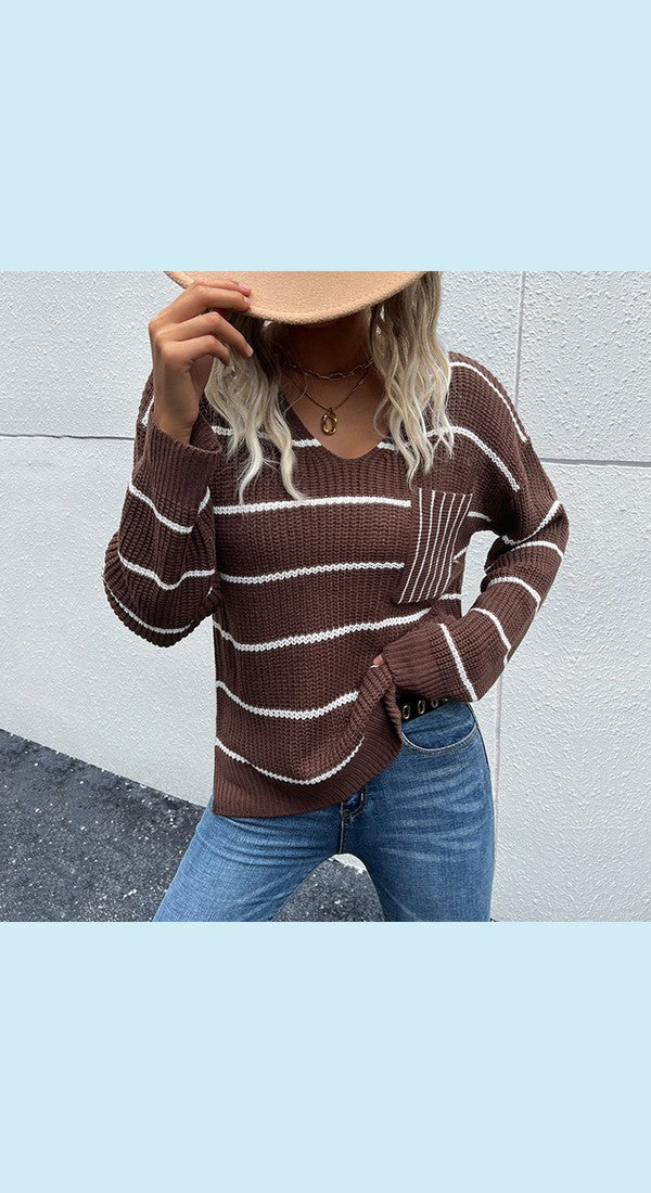 Striped V-Neck Slit Dropped Shoulder Sweater