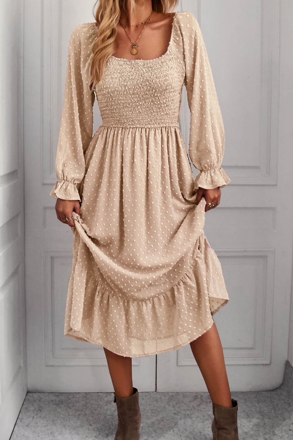 Swiss Dot Smocked Ruffle Hem Flounce Sleeve Dress