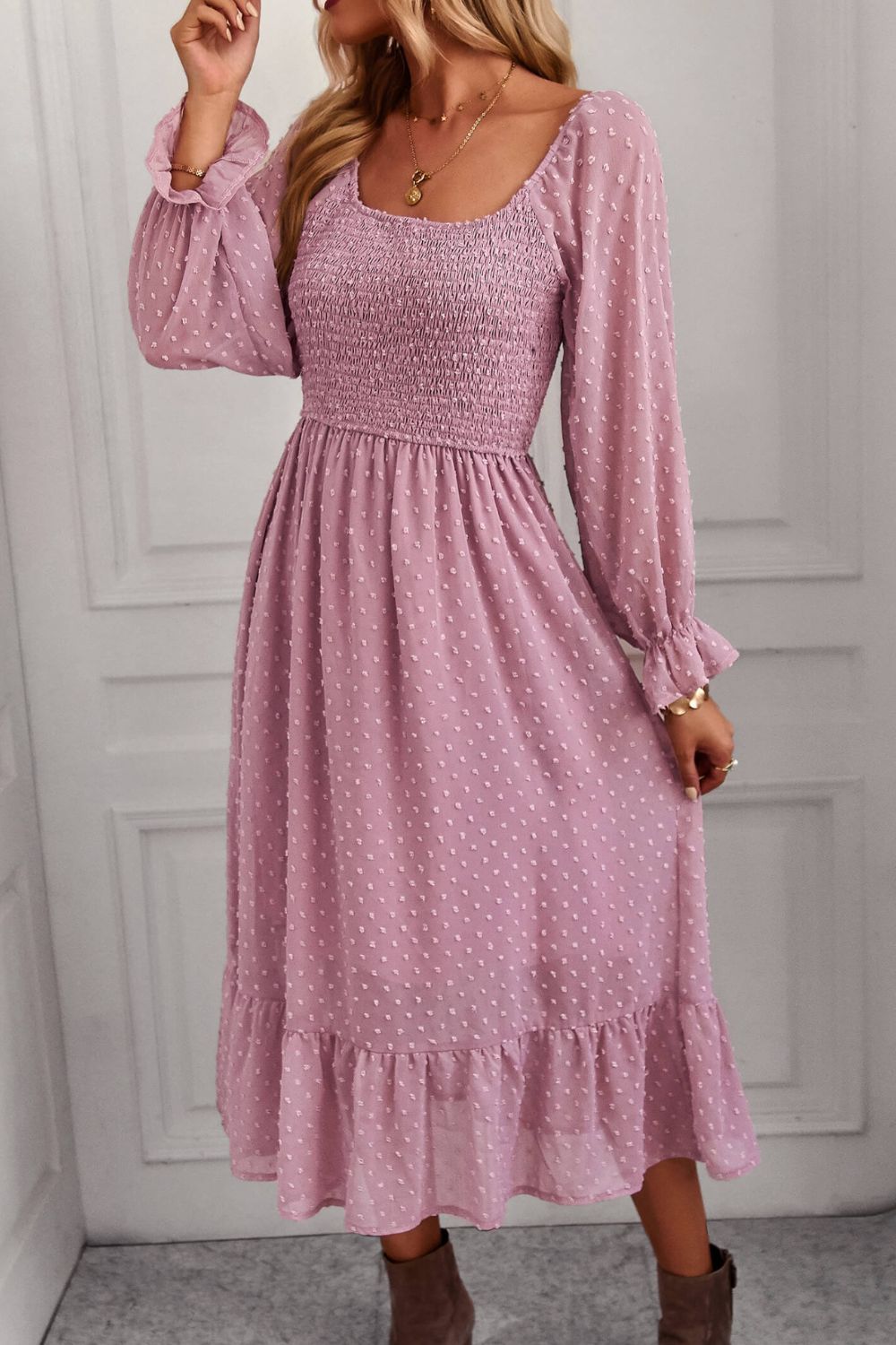 Swiss Dot Smocked Ruffle Hem Flounce Sleeve Dress