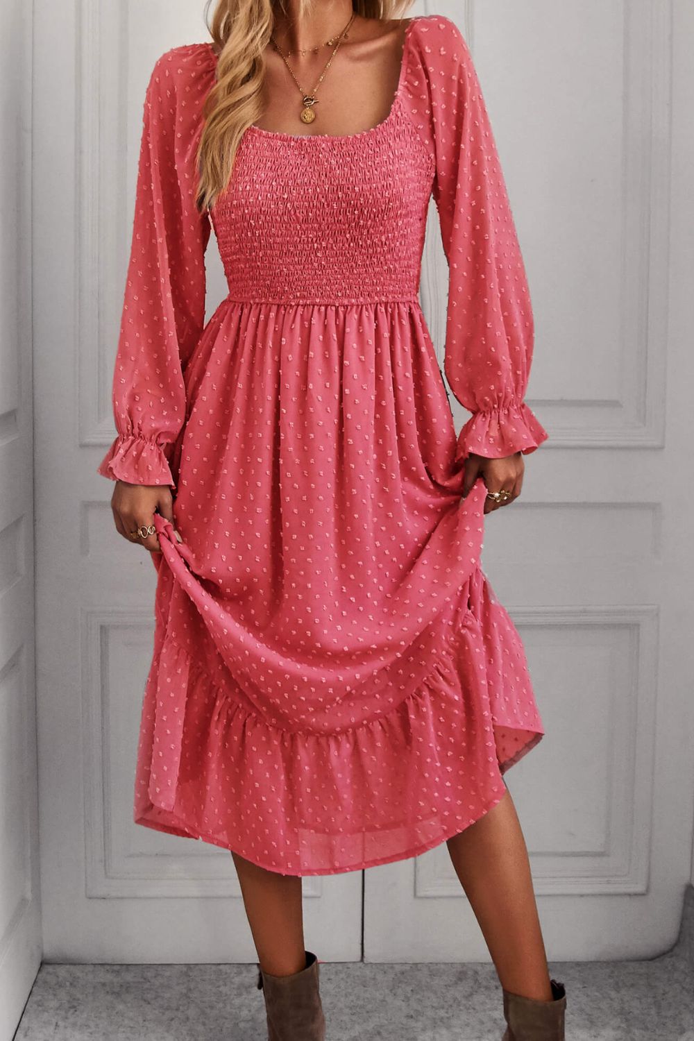 Swiss Dot Smocked Ruffle Hem Flounce Sleeve Dress