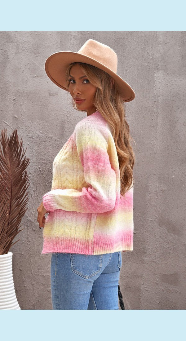 Tie-Dye Cable-Knit Raglan Sleeve Open Front Cardigan