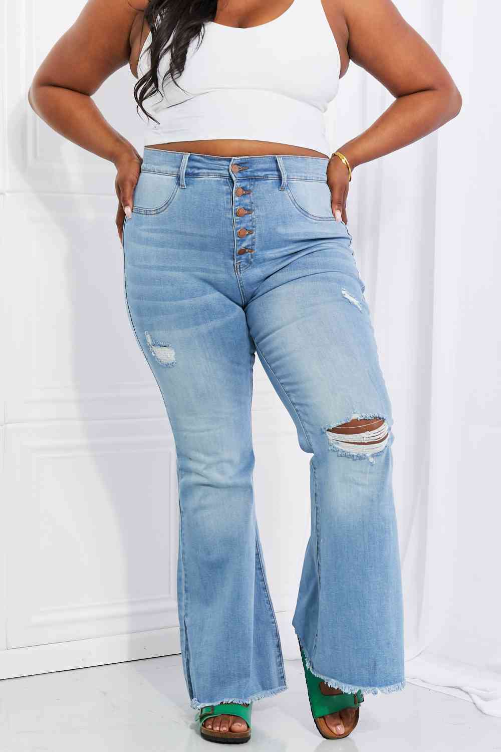 Vibrant MIU Full Size Jess Button Flare Jeans