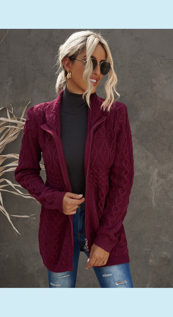 Women Mixed Knit Zip-Up Longline Cardigan