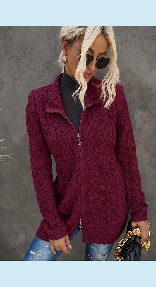 Women Mixed Knit Zip-Up Longline Cardigan