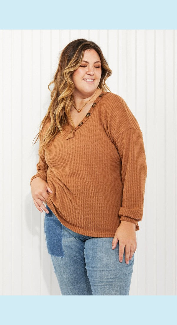 Zenana Apple Dumplings Full Size Brushed Waffle Knit Henley in Deep Camel