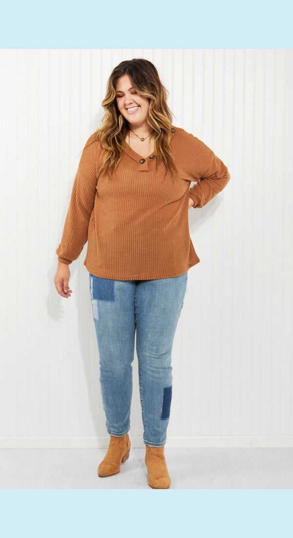 Zenana Apple Dumplings Full Size Brushed Waffle Knit Henley in Deep Camel