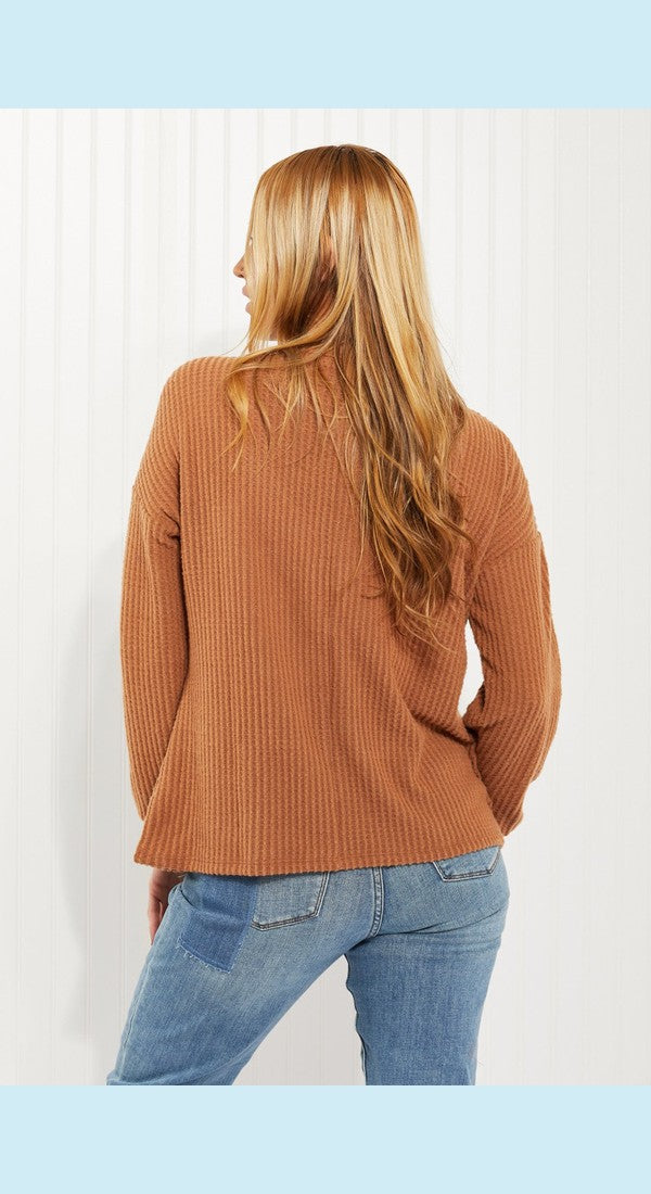 Zenana Apple Dumplings Full Size Brushed Waffle Knit Henley in Deep Camel