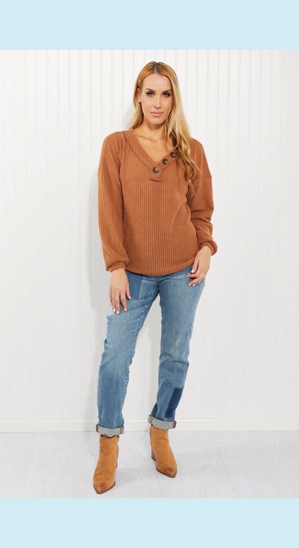 Zenana Apple Dumplings Full Size Brushed Waffle Knit Henley in Deep Camel