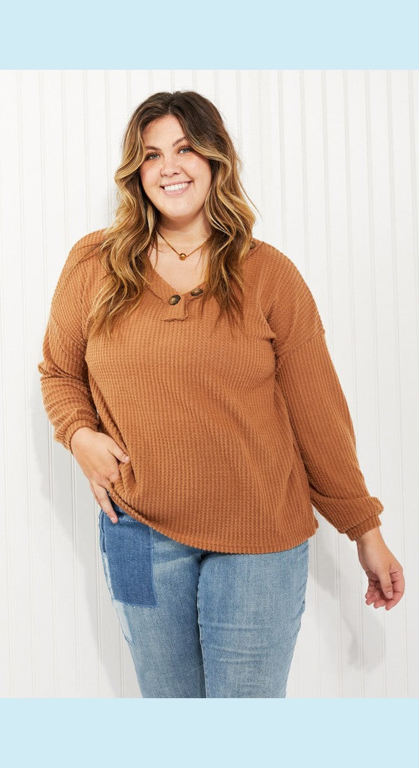 Zenana Apple Dumplings Full Size Brushed Waffle Knit Henley in Deep Camel