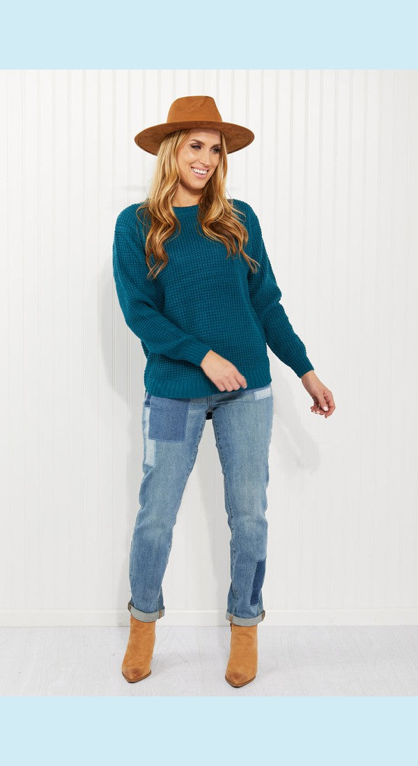 Zenana Autumn is Calling Full Size Waffle Knit Sweater in Teal