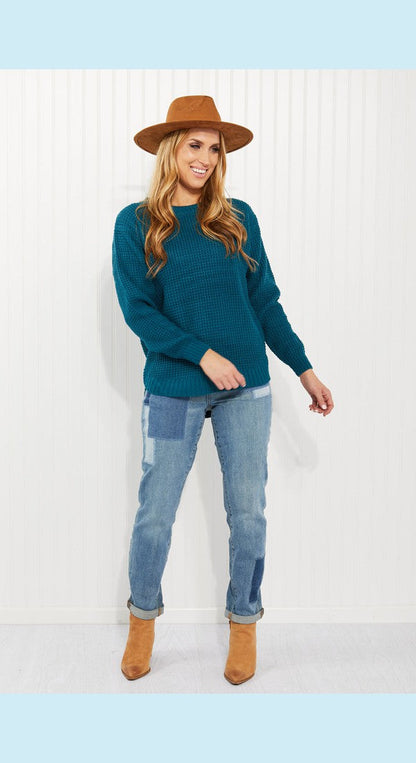 Zenana Autumn is Calling Full Size Waffle Knit Sweater in Teal