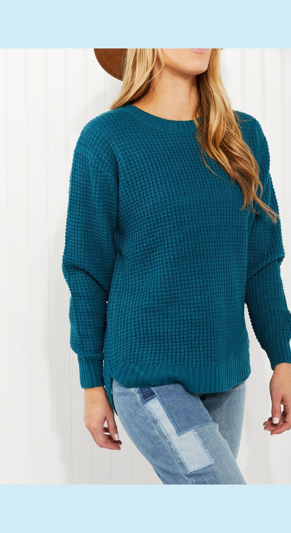 Zenana Autumn is Calling Full Size Waffle Knit Sweater in Teal