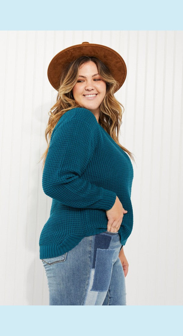 Zenana Autumn is Calling Full Size Waffle Knit Sweater in Teal