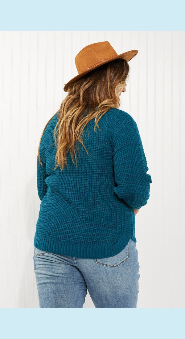 Zenana Autumn is Calling Full Size Waffle Knit Sweater in Teal