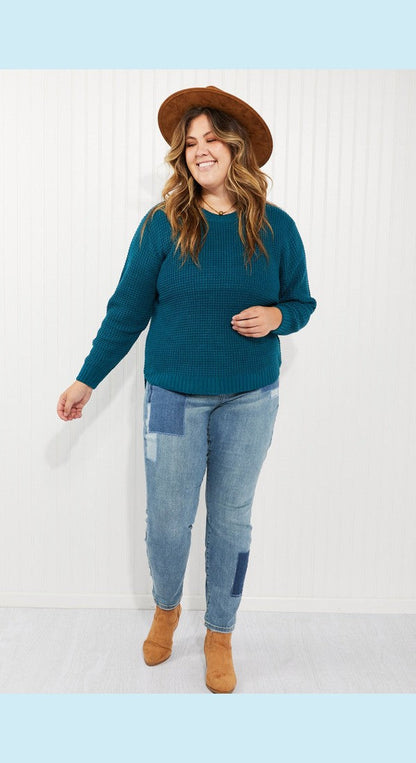 Zenana Autumn is Calling Full Size Waffle Knit Sweater in Teal