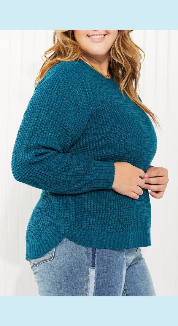 Zenana Autumn is Calling Full Size Waffle Knit Sweater in Teal