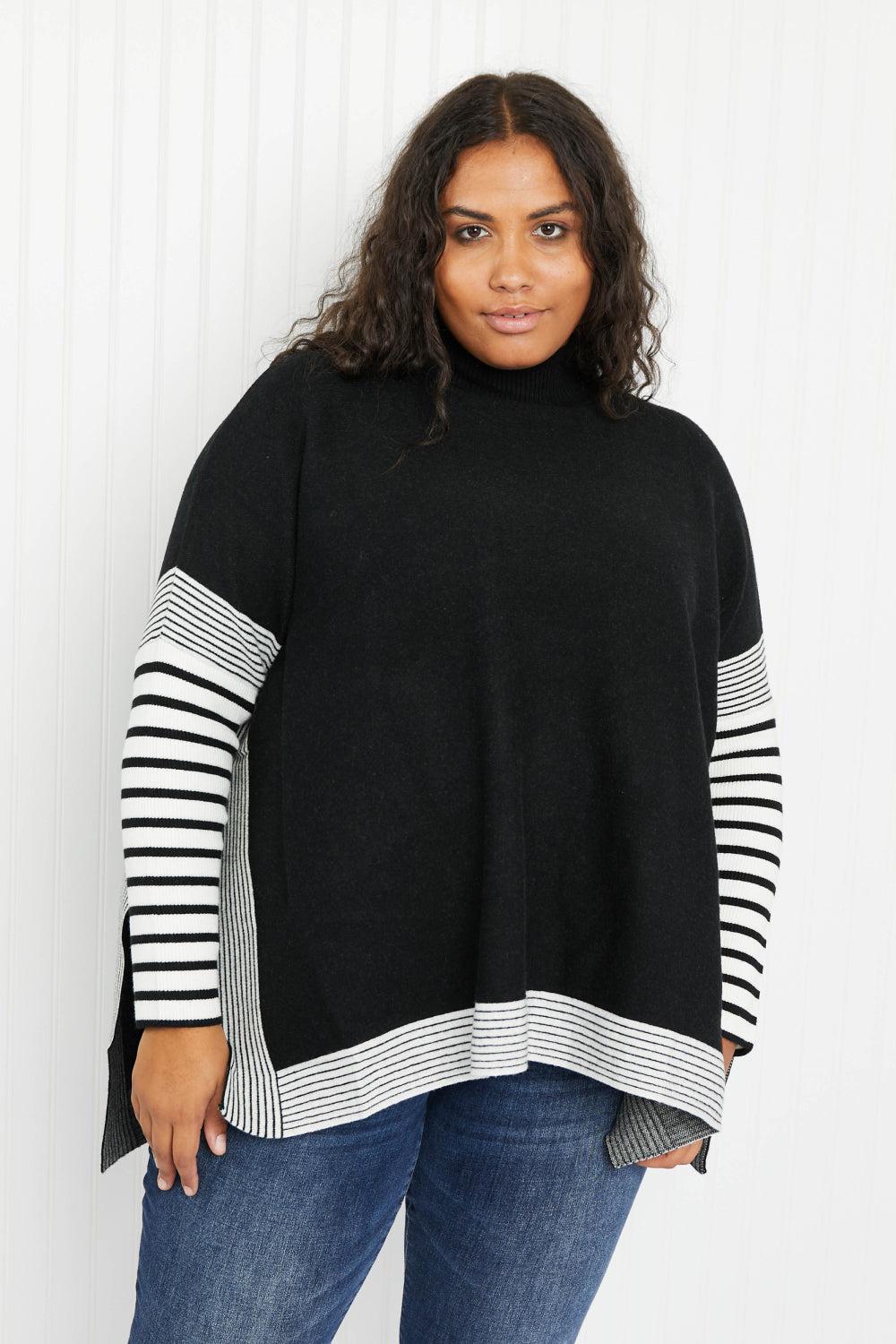 Zenana Cabinside Full Size Contrast Stripe Mock Neck Sweater