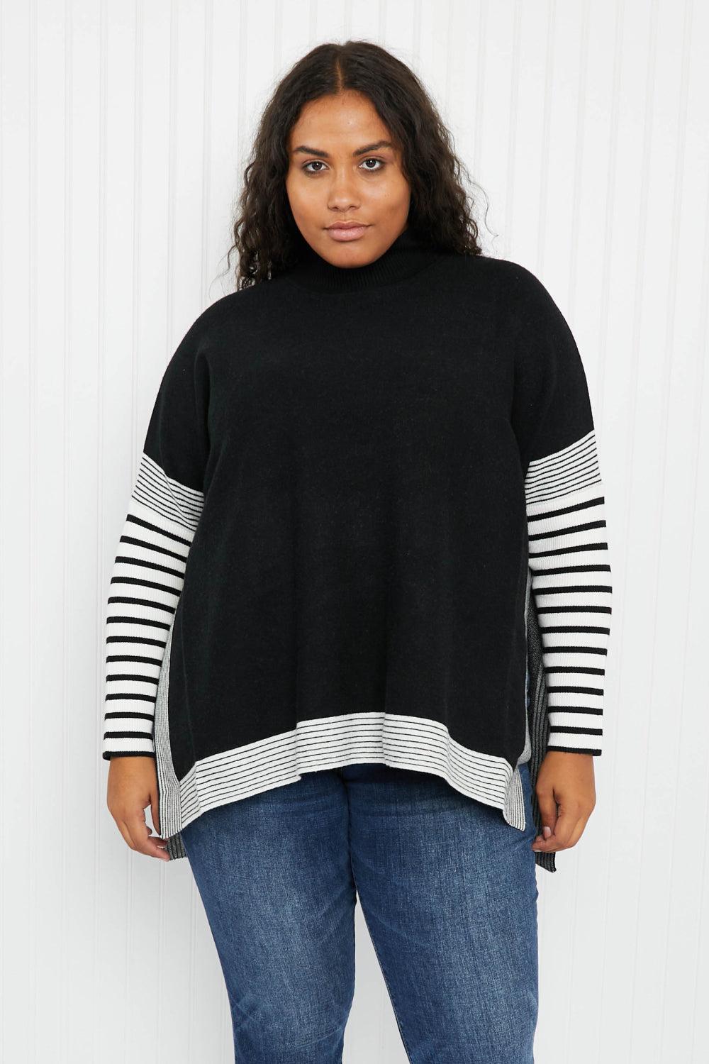 Zenana Cabinside Full Size Contrast Stripe Mock Neck Sweater