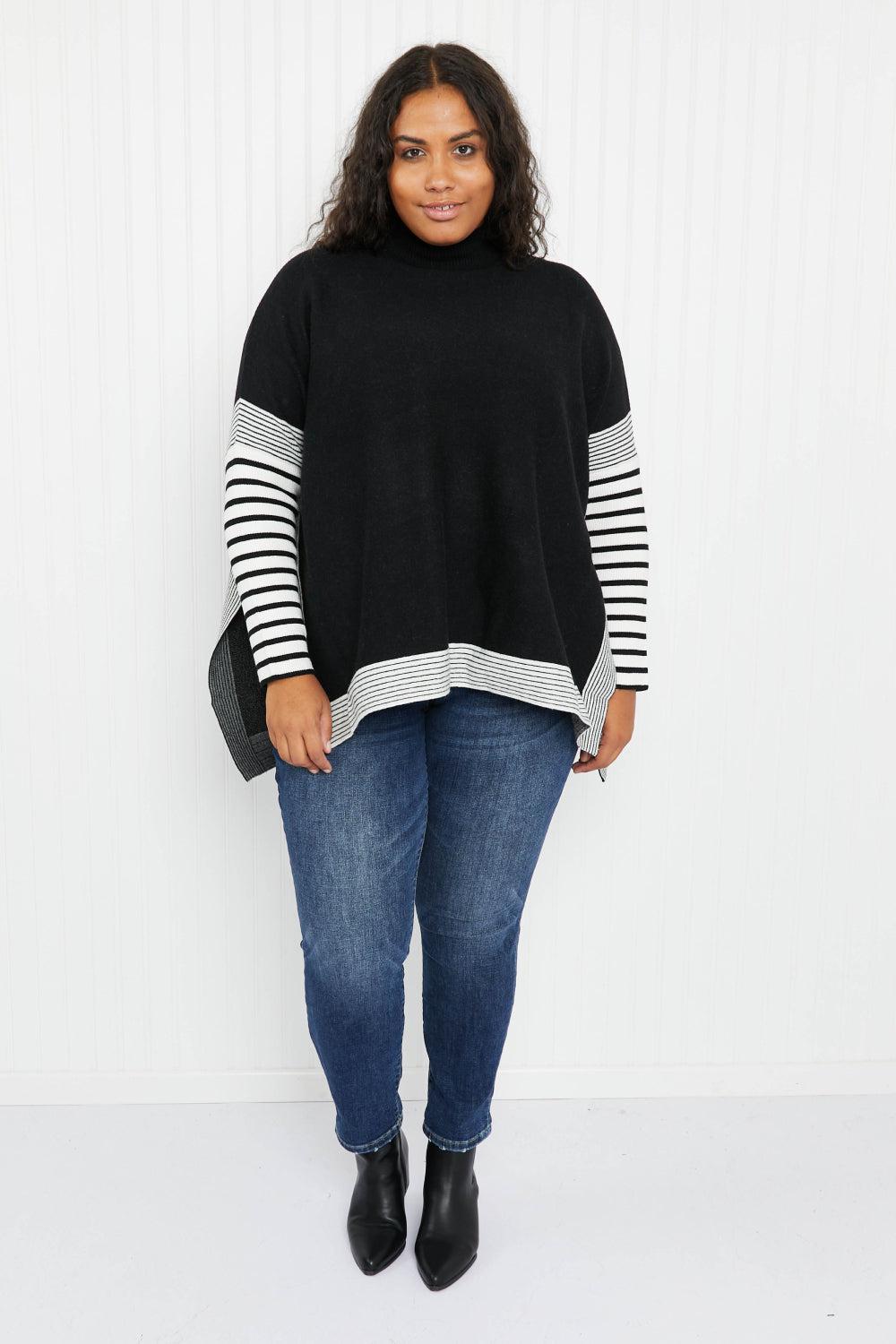 Zenana Cabinside Full Size Contrast Stripe Mock Neck Sweater