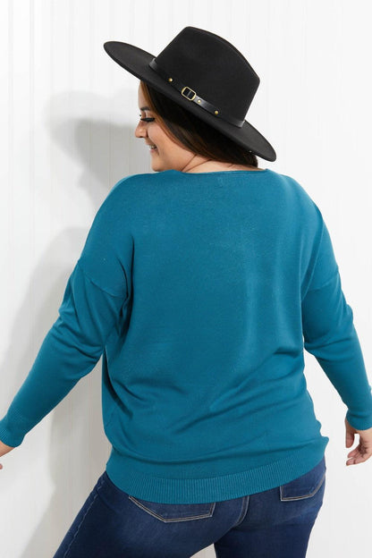 Zenana Hello Fall Full Size Center Seam Sweater in Teal