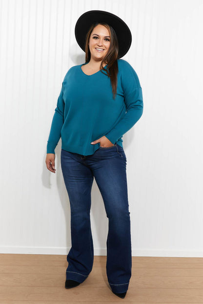 Zenana Hello Fall Full Size Center Seam Sweater in Teal