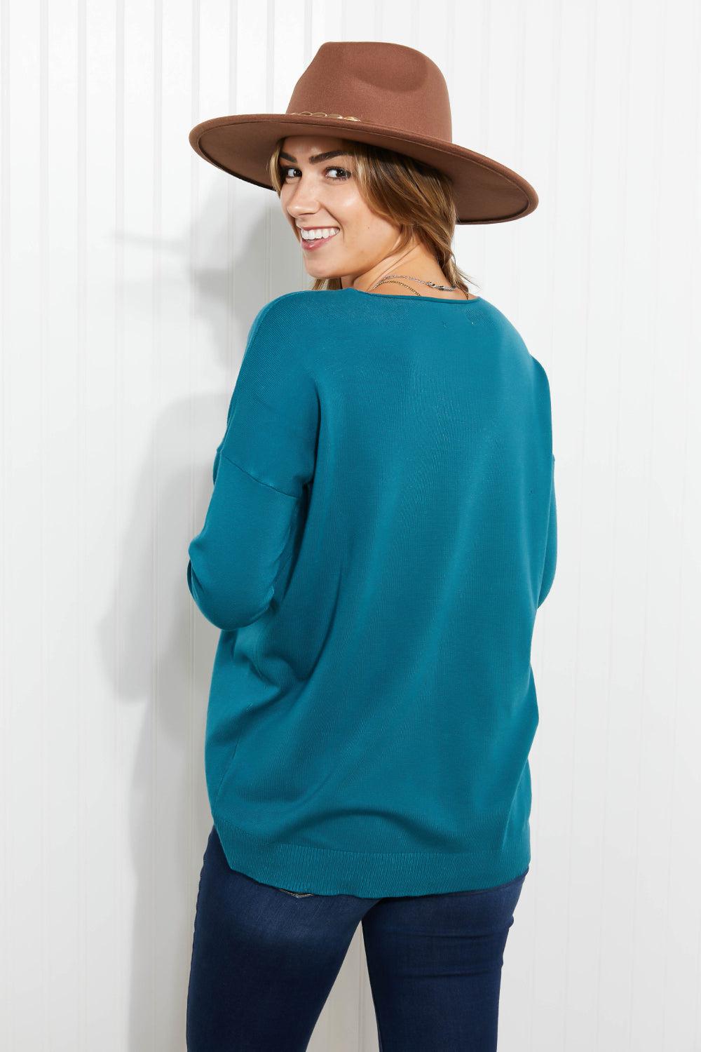 Zenana Hello Fall Full Size Center Seam Sweater in Teal