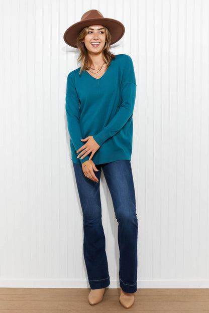 Zenana Hello Fall Full Size Center Seam Sweater in Teal